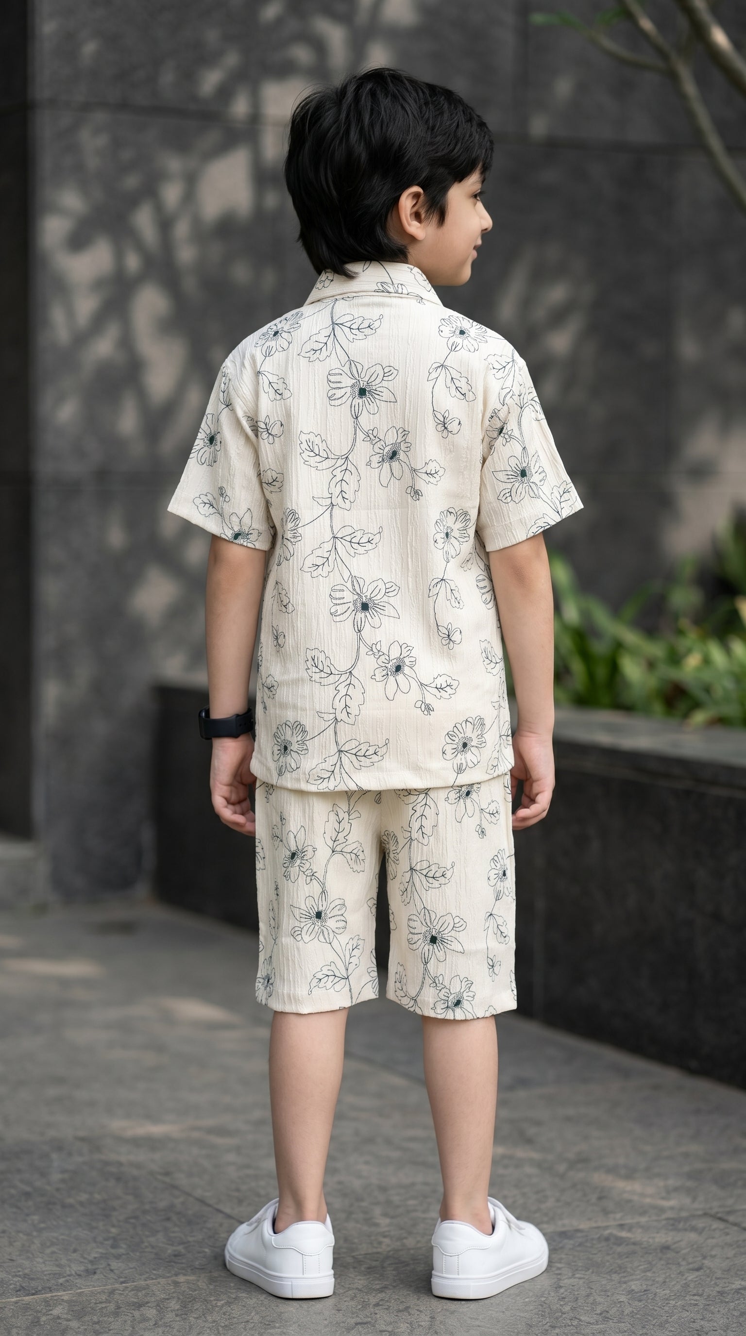 Ahhaaaa Boys 2-Piece Botanical Line-Art Co-ord Set - Shirt & Shorts (Green, Grey, Purple)