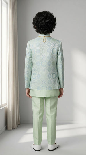 Ahhaaaa Boys' Royal Ethnic Printed Blazer with Sleeveless Kurta, Trouser & Maala Set (2-10 Years)