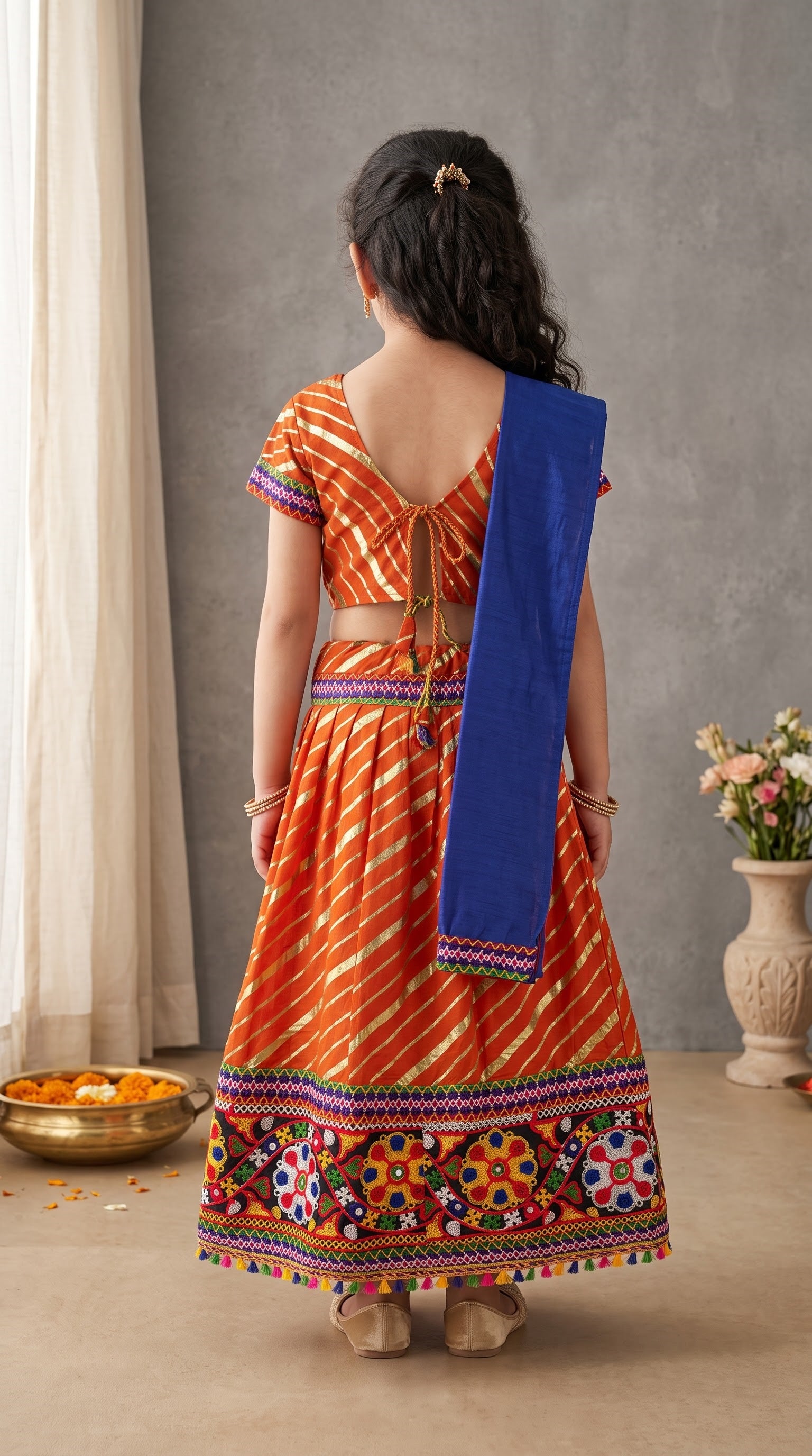 Ahhaaaa Girls 3-Piece Leheriya & Mirror Work Lehenga Choli Set - Orange, Pink, Red, Yellow
