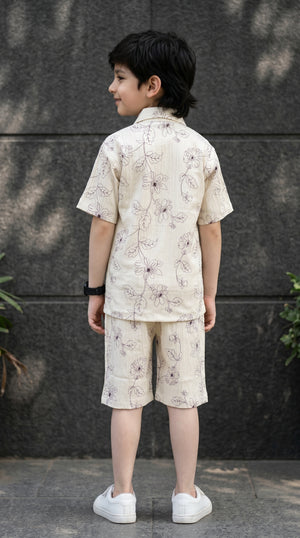 Ahhaaaa Boys 2-Piece Botanical Line-Art Co-ord Set - Shirt & Shorts (Green, Grey, Purple)