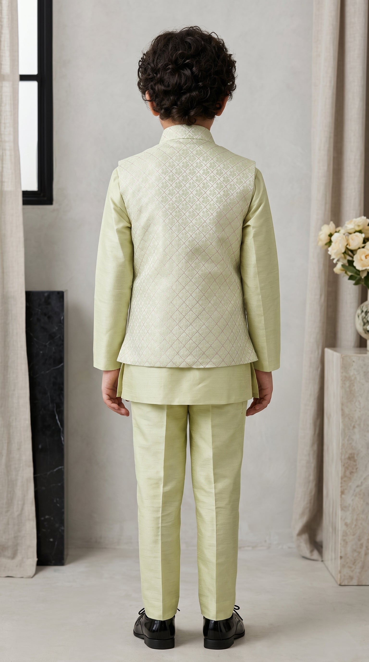 Ahhaaaa Boys 3-Piece Silk-Blend Kurta Pajama & Nehru Jacket Set - Green, Pink, Turquoise
