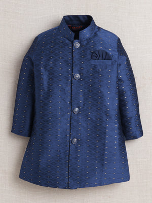 Ahhaaaa Woven Self-Design Boys Sherwani in Bottle Green | Kids Kurta Pajama Set with Mala for Festive Party