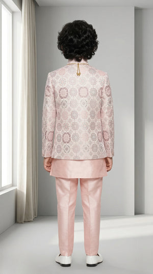 Ahhaaaa Boys' Royal Ethnic Printed Blazer with Sleeveless Kurta, Trouser & Maala Set (2-10 Years)