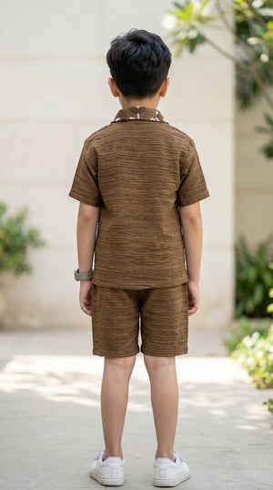 Ahhaaaa Boys Textured Co-ord Set with 3D Floral Embroidery - Shirt & Shorts (Brown, Green, Pink)