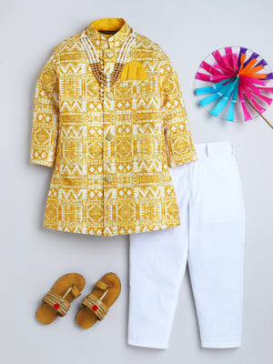 Ahhaaaa Boys' Cotton Geometric Print Jodhpuri Bandhgala Suit Set | Kids Indo-Western Ethnic Wear for Festive & Wedding Season Yellow