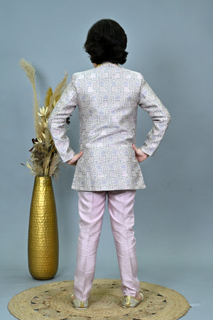 Ahhaaaa Boys Printed Jacquard Indo Western Sherwani Set Jodhpuri Suit Style Kurta Pyjama for kids