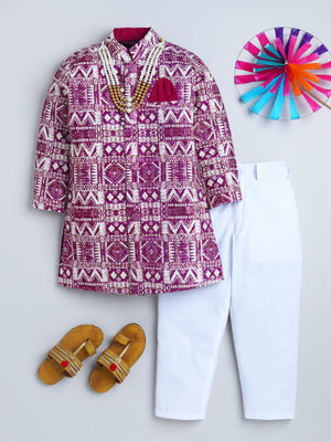 Ahhaaaa Boys' Cotton Geometric Print Jodhpuri Bandhgala Suit Set | Kids Indo-Western Ethnic Wear for Festive & Wedding Season Pink