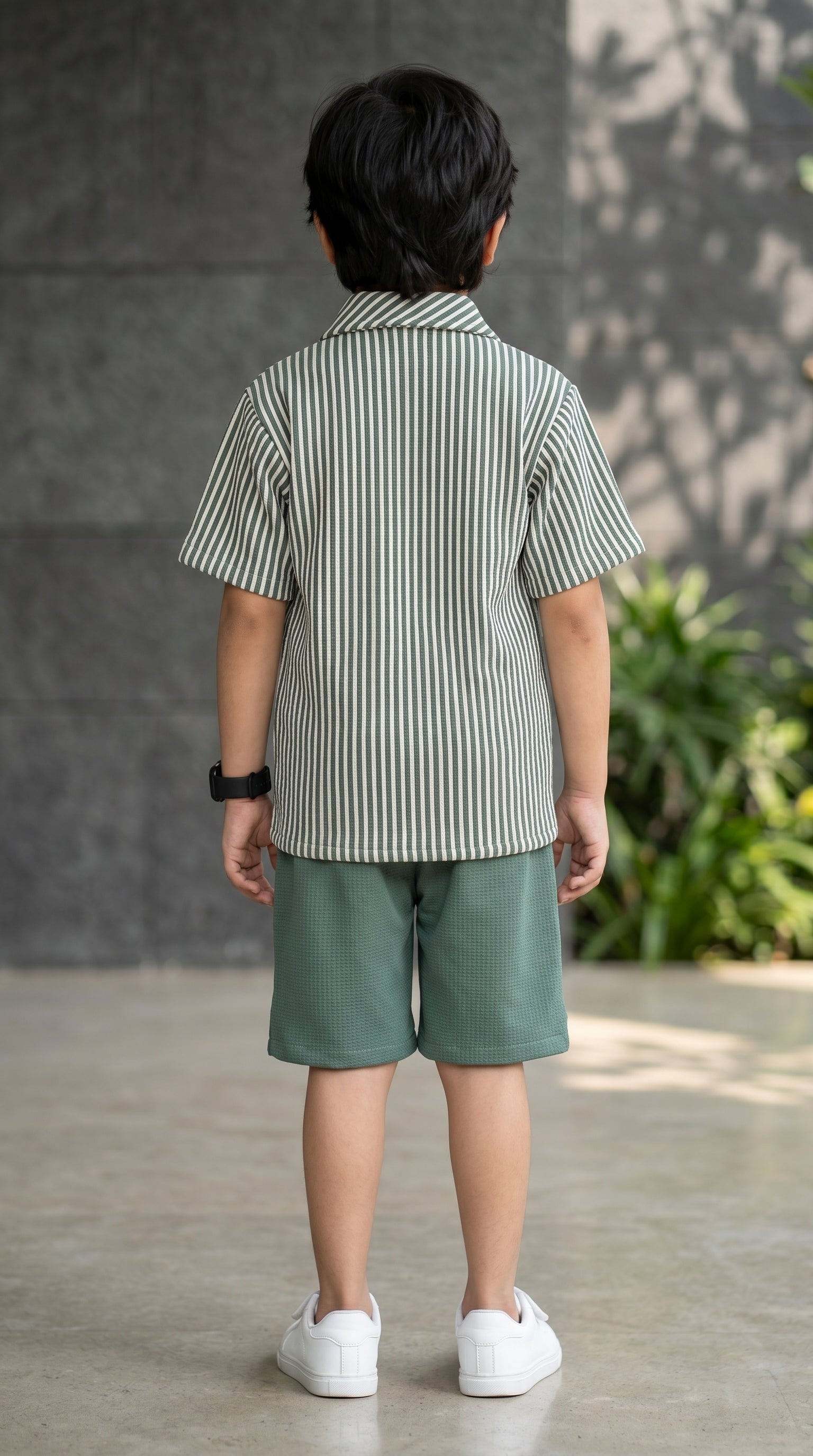 Ahhaaaa Boys 2-Piece Striped Textured Co-ord Set - Shirt & Shorts (Green, Pink, Grey)
