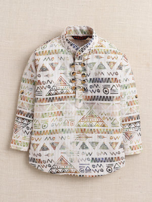 Ahhaaaa Boys' Ethnic Printed Cotton Blend Full Sleeve Kurta Shirt - Casual Traditional Wear for Kids