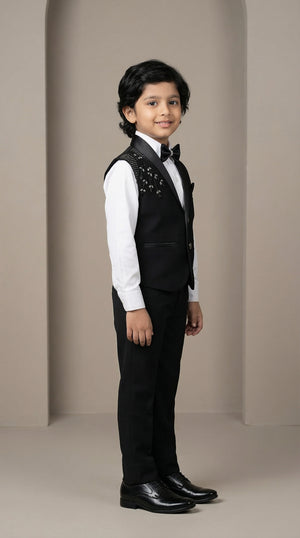 Ahhaaaa Boys Premium Black Japani Silk Tuxedo Set with Sequin Detail (2-8 Years)