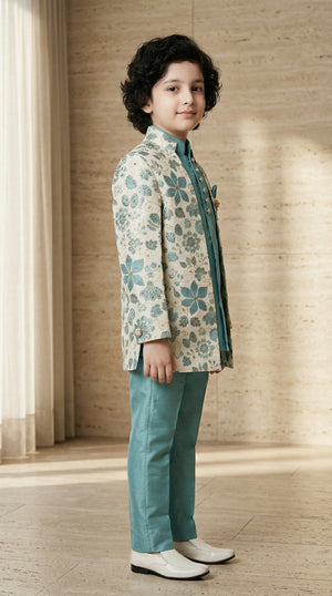 Ahhaaaa Boys 3-Piece Floral Zari Jacket, Sleeveless Kurta & Trouser Set - Blue, Pink, Turquoise
