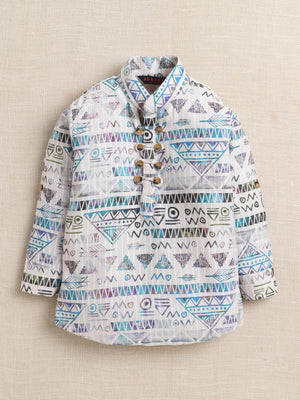 Ahhaaaa Boys' Ethnic Printed Cotton Blend Full Sleeve Kurta Shirt - Casual Traditional Wear for Kids Blue