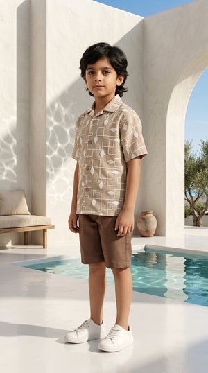 Ahhaaaa Boys 2-Piece Geometric Line-Art Co-ord Set - Brown, Green, Grey (2-12 Years)