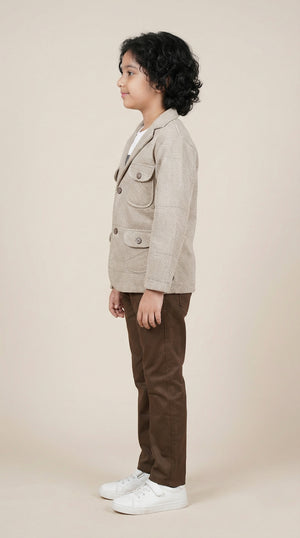 Ahhaaaa Boys' Japani Silk Indo-Western Safari Suit Set (Beige and Grey)