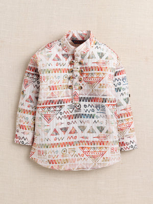 Ahhaaaa Boys' Ethnic Printed Cotton Blend Full Sleeve Kurta Shirt - Casual Traditional Wear for Kids