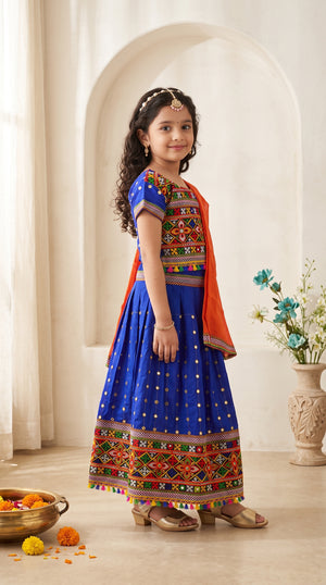 Ahhaaaa Girls' Traditional Dandiya Print Chaniya Choli | Festive Lehenga Blouse & Draped Dupatta 3-Piece Set