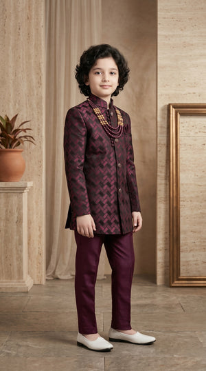 Ahhaaaa Boys Designer Basket-Weave Jodhpuri Suit Set - Wine, Green, Navy (2-11 Years)