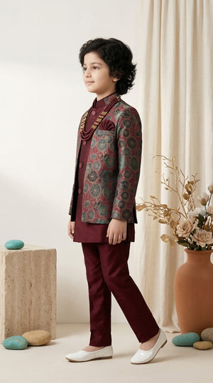 Ahhaaaa Boys 3-Piece Designer Indo-Western Jacket & Kurta Set - Blue, Gold, Maroon (2-11 Years)