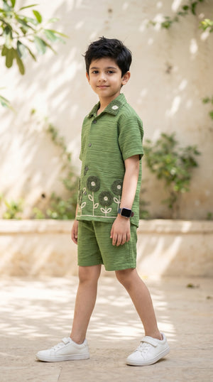 Ahhaaaa Boys Textured Co-ord Set with 3D Floral Embroidery - Shirt & Shorts (Brown, Green, Pink)