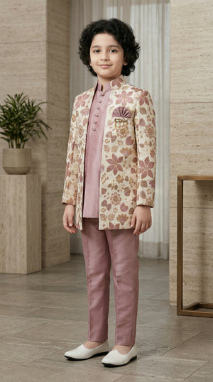 Ahhaaaa Boys 3-Piece Floral Zari Jacket, Sleeveless Kurta & Trouser Set - Blue, Pink, Turquoise