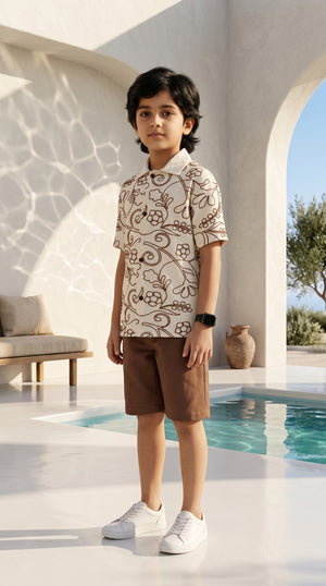 Ahhaaaa Boys 2-Piece Embroidered Floral Vine Co-ord Set - Brown, Green, Grey (2-12 Years)