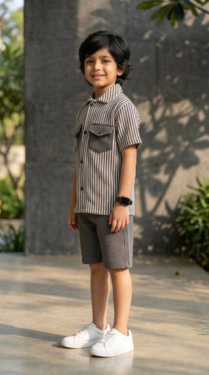 Ahhaaaa Boys 2-Piece Striped Textured Co-ord Set - Shirt & Shorts (Green, Pink, Grey)