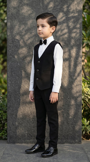 Ahhaaaa Boys 3-Piece Formal Waistcoat Suit Set with Shirt & Bow Tie - Black, Navy, Wine (2-8 Years)