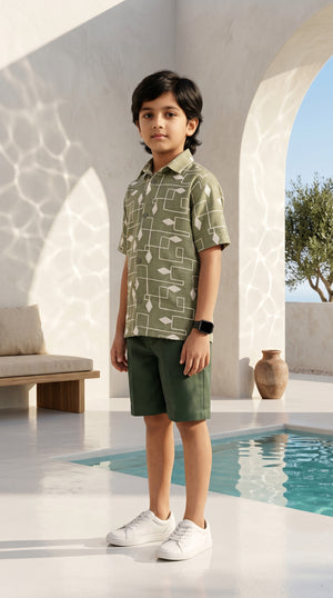 Ahhaaaa Boys 2-Piece Geometric Line-Art Co-ord Set - Brown, Green, Grey (2-12 Years)