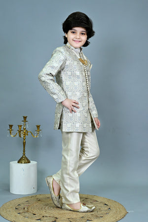 Ahhaaaa Boys Printed Jacquard Indo Western Sherwani Set Jodhpuri Suit Style Kurta Pyjama for kids