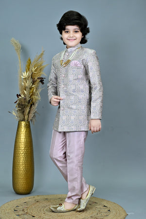 Ahhaaaa Boys Printed Jacquard Indo Western Sherwani Set Jodhpuri Suit Style Kurta Pyjama for kids