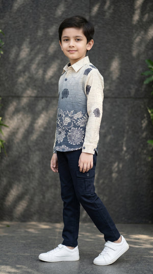 Ahhaaaa Boys Designer Textured Ombre Floral Shirt & Cargo Pant Set - Blue, Grey, Purple (2-8 Years)