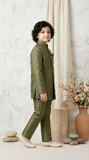 Ahhaaaa Boys Designer Jodhpuri Bandhgala Suit Set - Green, Pink, Cream (2-11 Years)