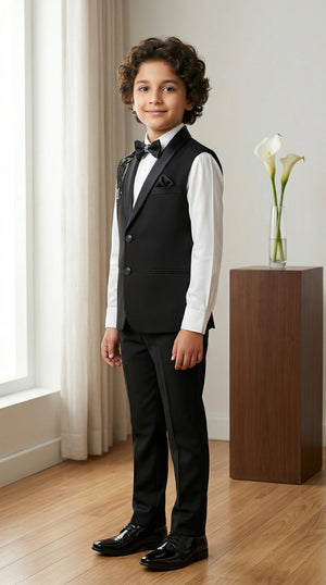 Ahhaaaa Boys' Black Party Wear Tuxedo Suit | Waistcoat, White Shirt & Pant Set