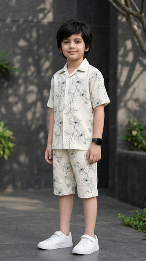 Ahhaaaa Boys 2-Piece Botanical Line-Art Co-ord Set - Shirt & Shorts (Green, Grey, Purple)