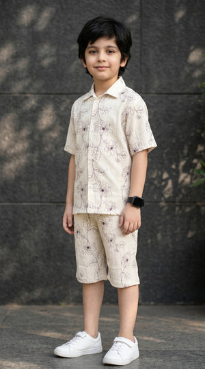 Ahhaaaa Boys 2-Piece Botanical Line-Art Co-ord Set - Shirt & Shorts (Green, Grey, Purple)