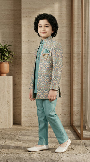 Ahhaaaa Boys Designer Indo-Western Jacket Set with Brooch & Jeweled Buttons (2-11 Years)