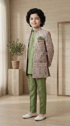 Ahhaaaa Boys Designer Indo-Western Jacket Set with Brooch & Jeweled Buttons (2-11 Years)
