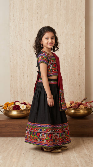Ahhaaaa Girls' Traditional Embroidered Navratri Chaniya Choli | Festive Lehenga Blouse & Dupatta 3-Piece Set
