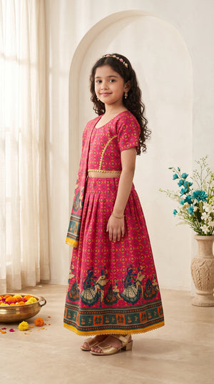 Ahhaaaa Girls' Traditional Dandiya Print Chaniya Choli | Festive Lehenga Blouse & Draped Dupatta 3-Piece Set