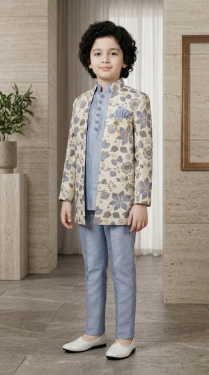 Ahhaaaa Boys 3-Piece Floral Zari Jacket, Sleeveless Kurta & Trouser Set - Blue, Pink, Turquoise