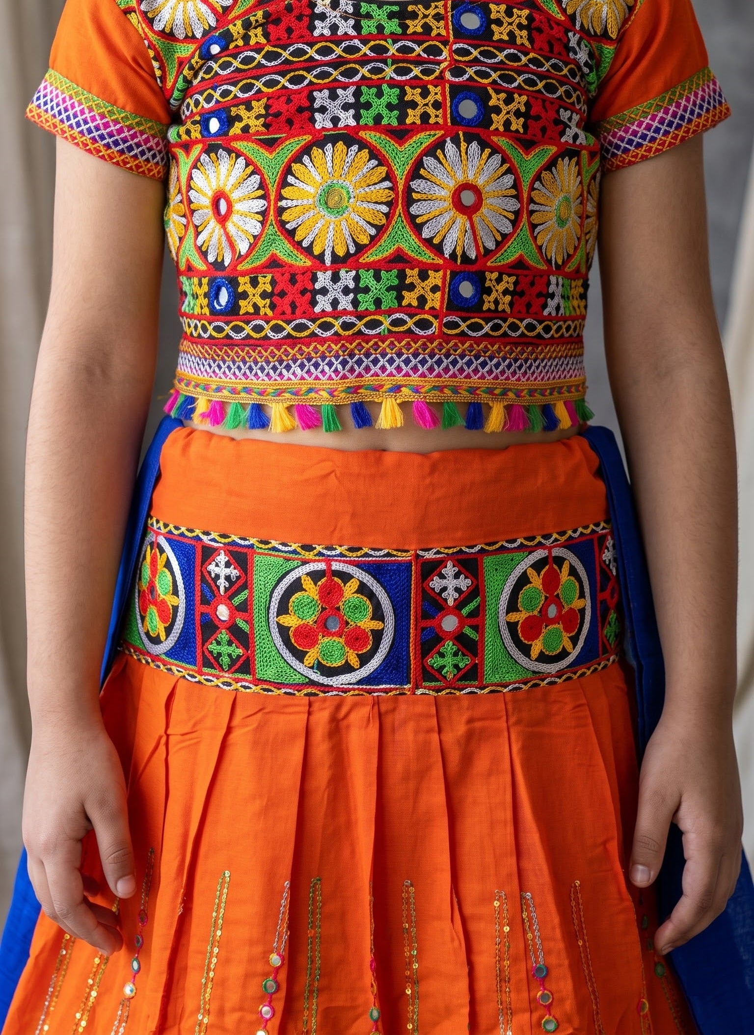 Girls 3-Piece Navratri Mirror Work Lehenga Choli Set (Orange, Pink, Red, White, Yellow) | 3-9 Years