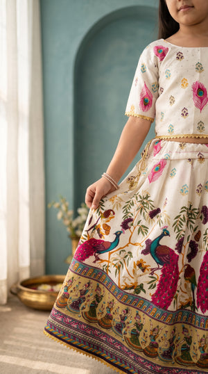 Ahhaaaa Girls' Peacock Kalamkari Print Chaniya Choli | Festive Lehenga Blouse & Draped Dupatta 3-Piece Set
