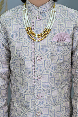 Ahhaaaa Boys Printed Jacquard Indo Western Sherwani Set Jodhpuri Suit Style Kurta Pyjama for kids