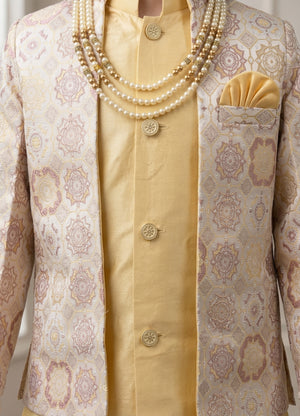 Ahhaaaa Boys' Royal Ethnic Printed Blazer with Sleeveless Kurta, Trouser & Maala Set (2-10 Years)