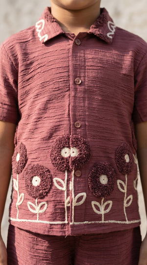 Ahhaaaa Boys Textured Co-ord Set with 3D Floral Embroidery - Shirt & Shorts (Brown, Green, Pink)