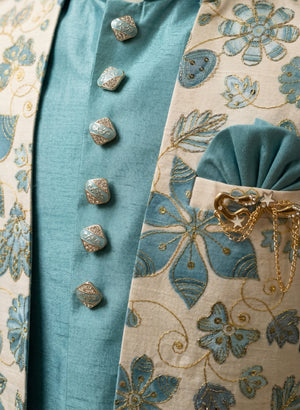 Ahhaaaa Boys 3-Piece Floral Zari Jacket, Sleeveless Kurta & Trouser Set - Blue, Pink, Turquoise