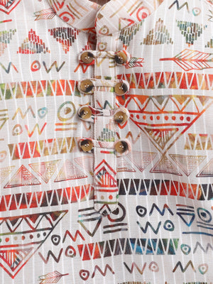 Ahhaaaa Boys' Ethnic Printed Cotton Blend Full Sleeve Kurta Shirt - Casual Traditional Wear for Kids