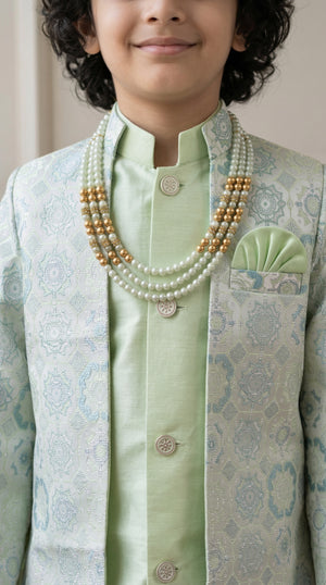 Ahhaaaa Boys' Royal Ethnic Printed Blazer with Sleeveless Kurta, Trouser & Maala Set (2-10 Years)
