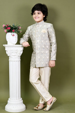 Ahhaaaa Boys Printed Jacquard Indo Western Sherwani Set Jodhpuri Suit Style Kurta Pyjama for kids