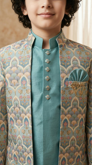 Ahhaaaa Boys Designer Indo-Western Jacket Set with Brooch & Jeweled Buttons (2-11 Years)